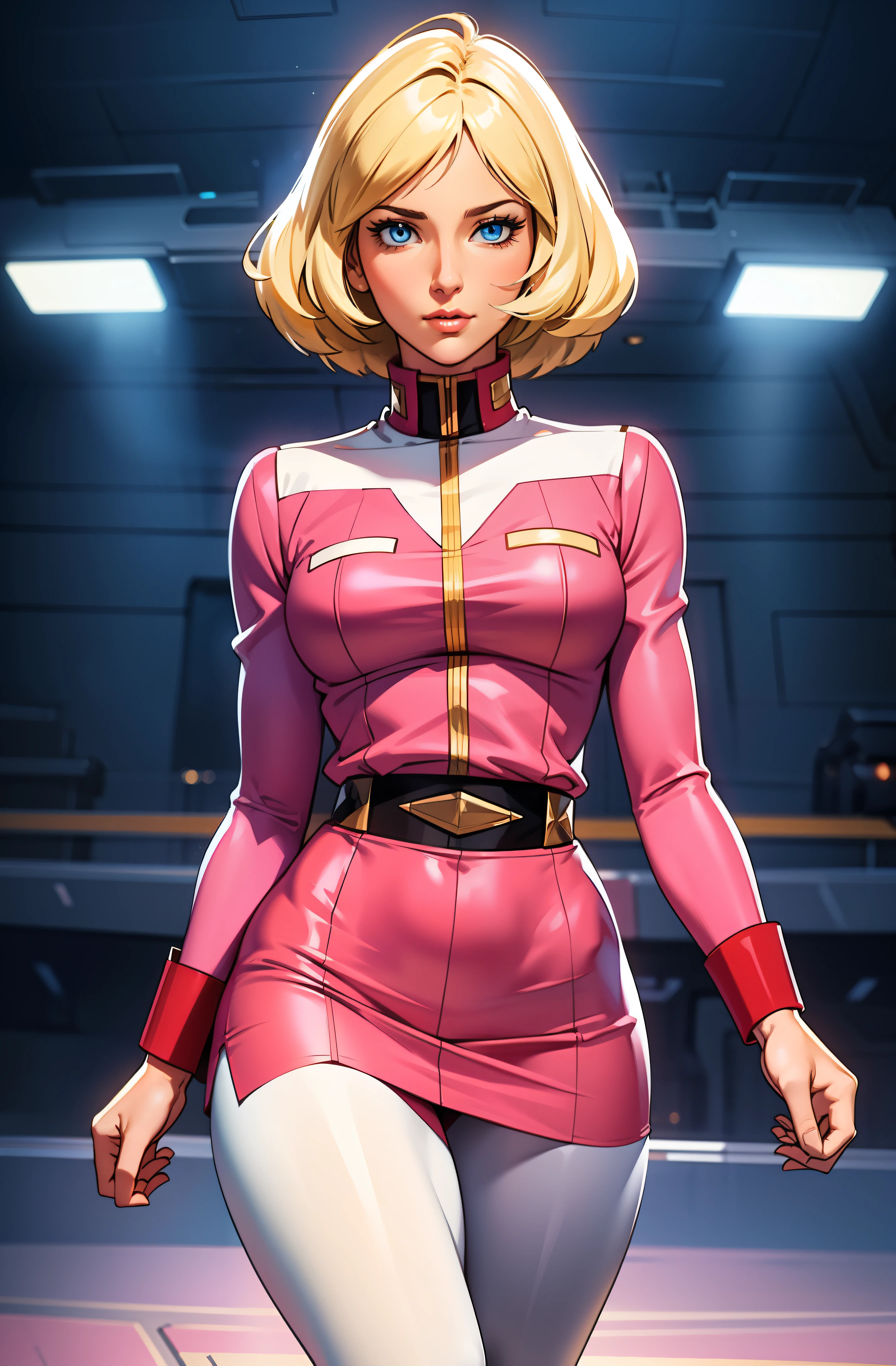 ((masterpiece)), ((cinematic lighting)), realistic photo、Real Images、Top image quality、1girl in, sayla mass, Elegant, masterpiece, Convoluted, slim arms, wide hips, thick thighs, thigh gaps, Best Quality, absurderes, high face detail, Perfect eyes, mature, Cowboy Shot, , Vibrant colors, soft pink uniform, soft pink Skirt, white tights