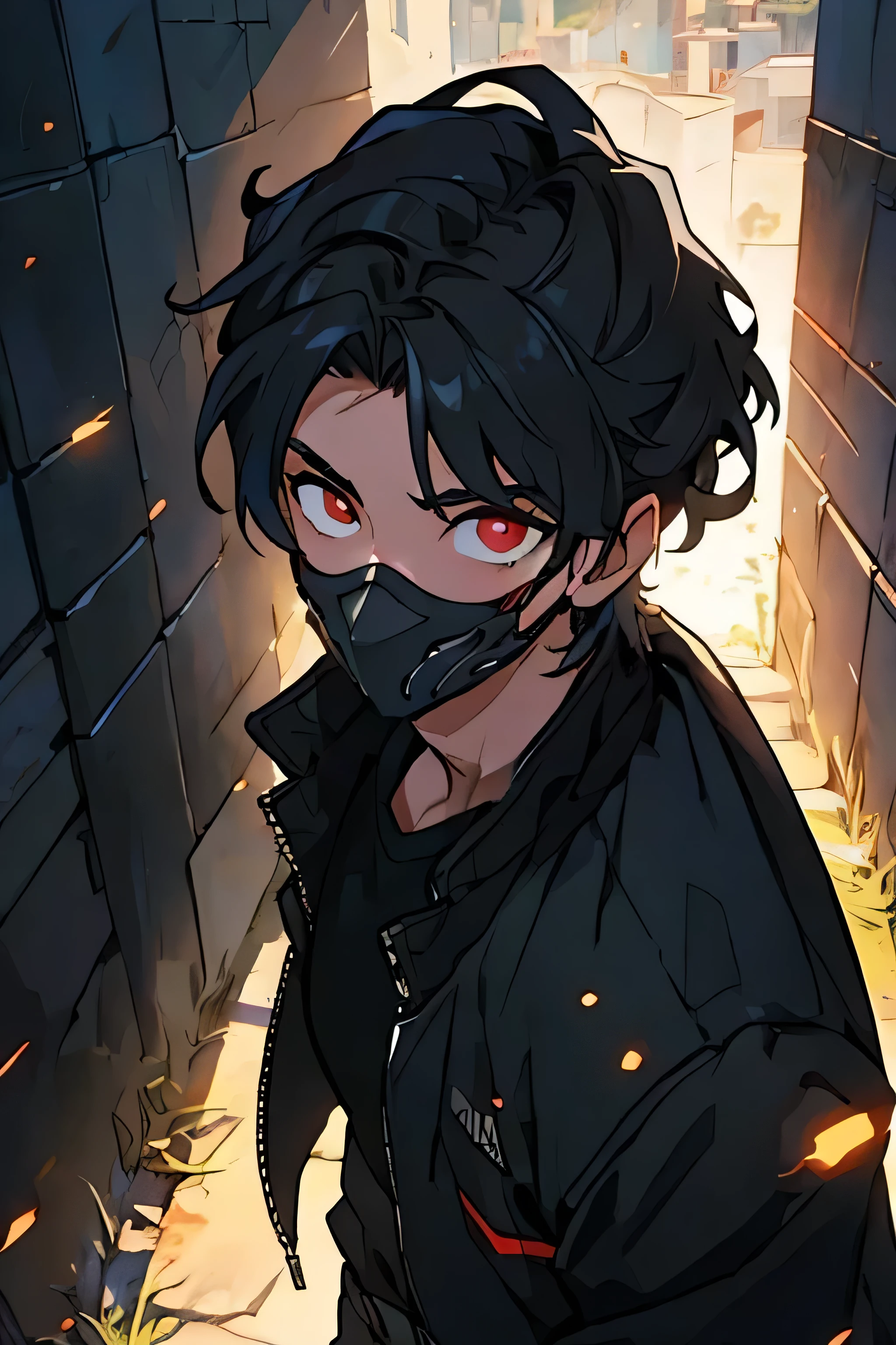 Masterpiece, best quality, 1 boy, elegant, looking at viewer, from above, short hair, wavy black hair, black jacket, black_mask, (mask covering mouth and nose), red eyes, pretty eyes, beautiful background, particles of light, sun rays, dramatic lighting, out, bright, realistic, masterpiece, best quality, ultra-detailed, detailed, stage, beautiful detailed eyes, detailed hair