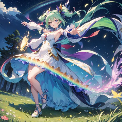 one female、in the grassland、rainbow dress、fluttering skirt、fluttering ribbon、wind and light expressed with particle effects、sway...