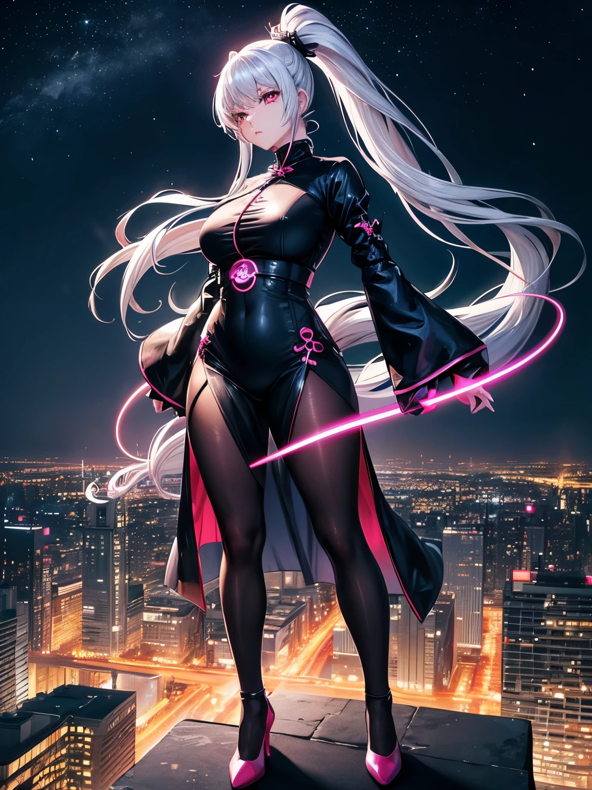 anime, (artwork, best quality, ultra-detailed, high contrast), 1 woman (Alone, full body, plus size body, standing on the edge of the skyscraper, silver hair, LONG In a ponytail, red eyes, perfect eyes ruby sparkles, (simple black qipao, black cybernetics with neon pink), transparent black socks), (skyscraper roof, overlooking a city, detailed background ((night time, Darkness, low light pollution)))