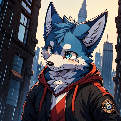 furry,blue fur,male people,wolf,right blue eyes, hooded jacket,tears,rain,city,look at the sky,best quality, masterpiece