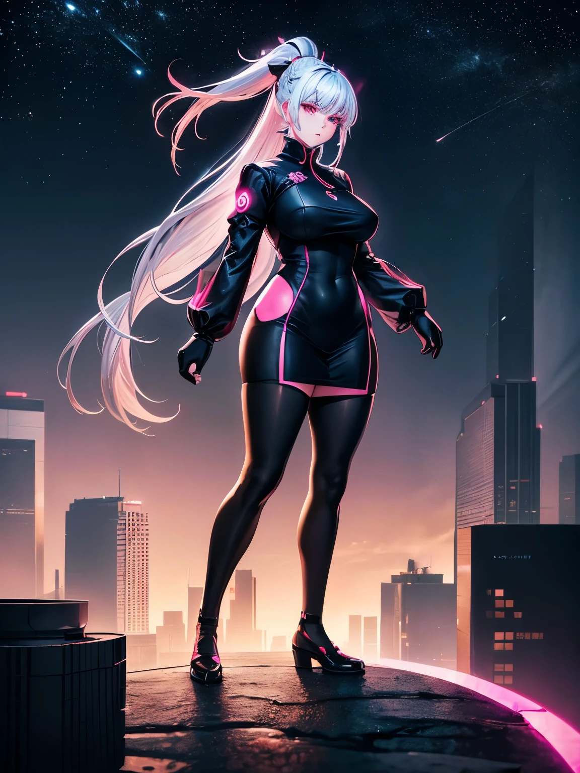 anime, (artwork, best quality, ultra-detailed, high contrast), 1 woman (Alone, full body, plus size body, standing on the edge of the skyscraper, silver hair, LONG In a ponytail, red eyes, perfect eyes ruby sparkles, (simple black qipao, black cybernetics with neon pink), transparent black socks), (skyscraper roof, overlooking a city, detailed background ((night time, Darkness, low light pollution)))