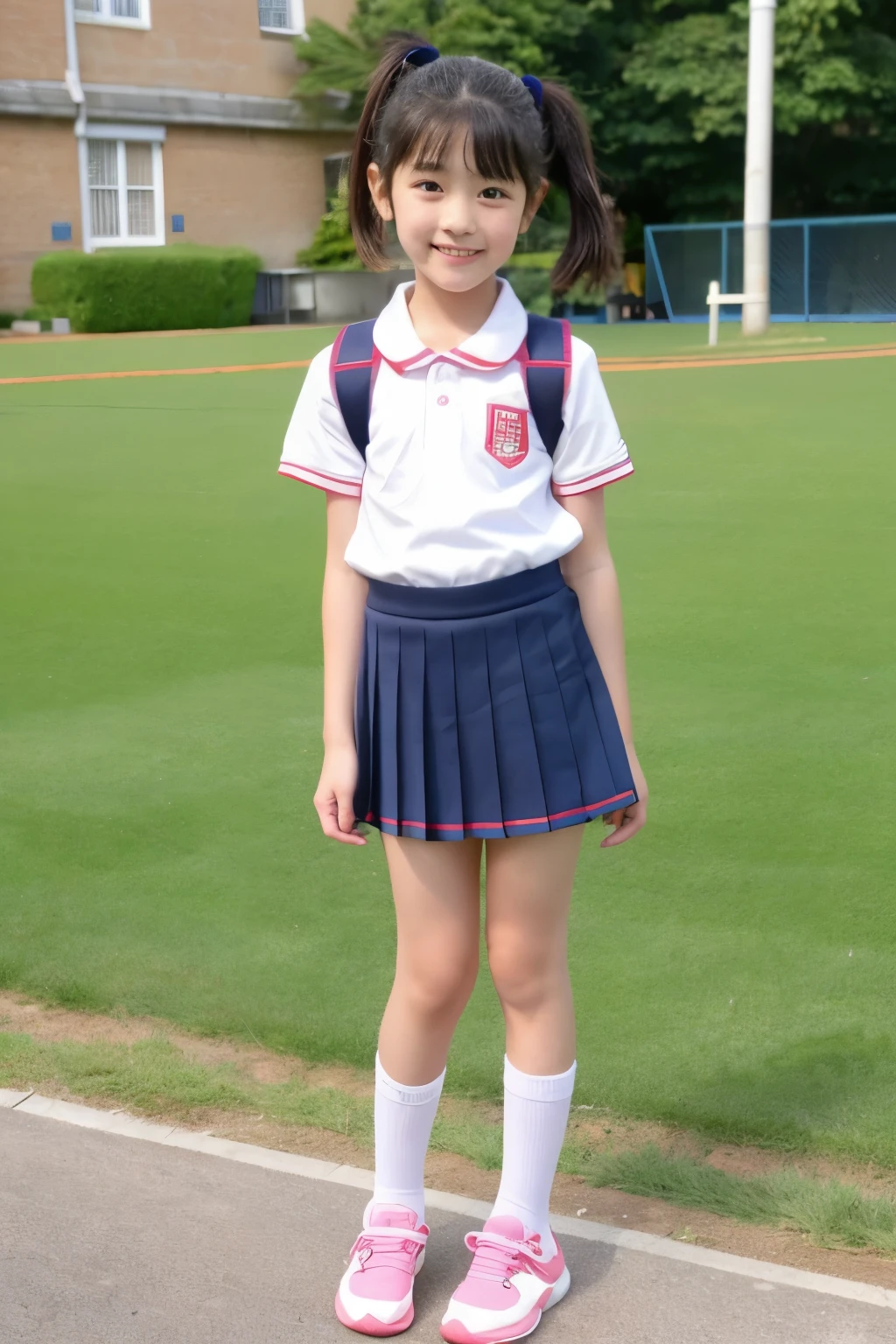 ((highest quality)), ((masterpiece)), (be familiar with), Perfect Face,Japanese,9 years old,Girl,cute,Primary school students,Private elementary school,Gym suit,Bloomers,Schoolyard