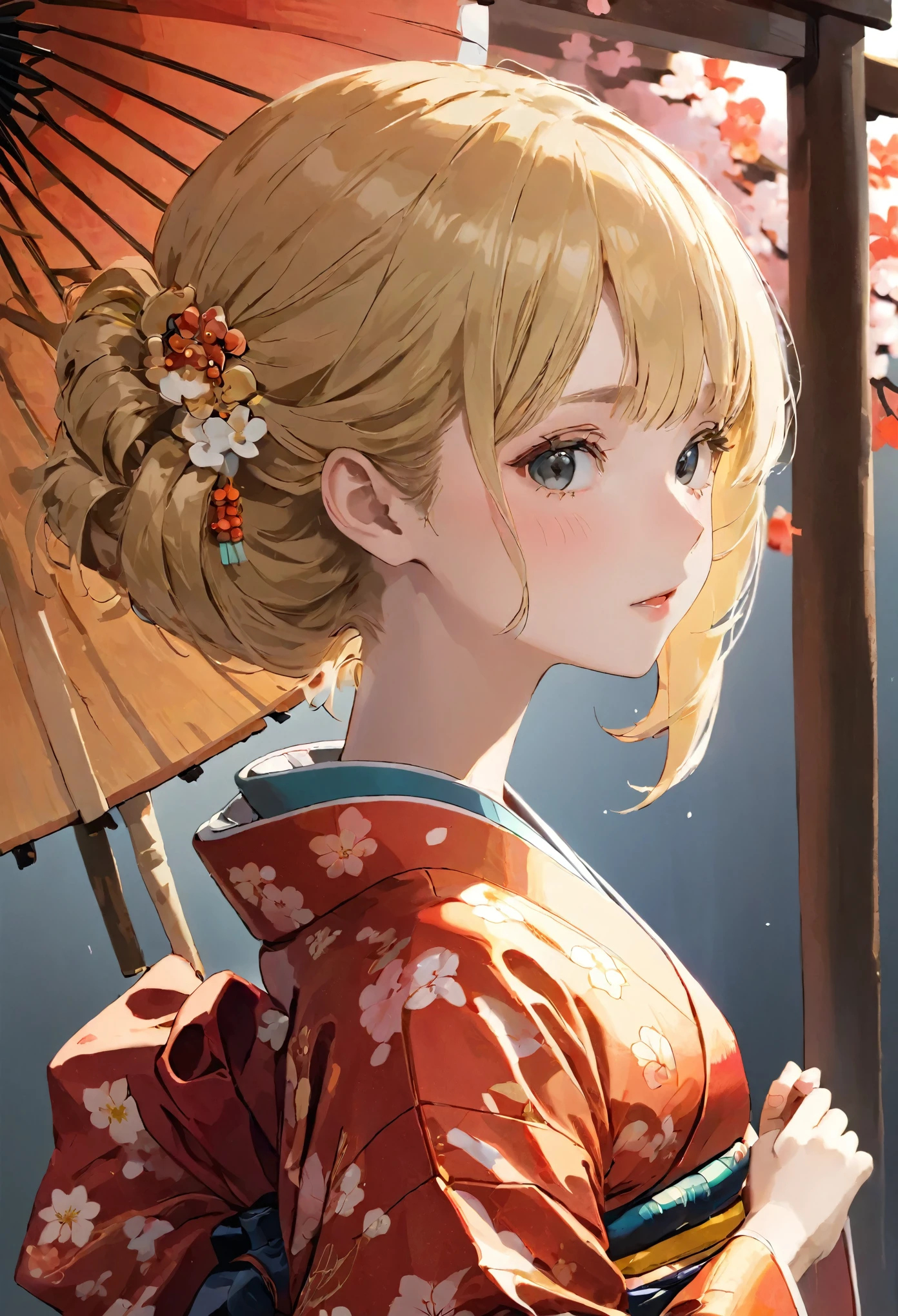 Tabletop, highest quality, Very delicate and beautiful girl,Very delicate and beautiful, World Masterpiece Theatre, Very detailed, Very detailed, highest quality, Very beautiful silky blonde,((kimono,Japanese Clothing,落ち着いた色合いのkimono:1.3,濃い紺色のkimono:1.2,Sober colors)), High resolution, Very detailed,1 girl, highest quality, shape, Looking at the audience, Material, canvas, Oil, Genuineistic, Realist ,Genuine,Great background,Otherworldly background