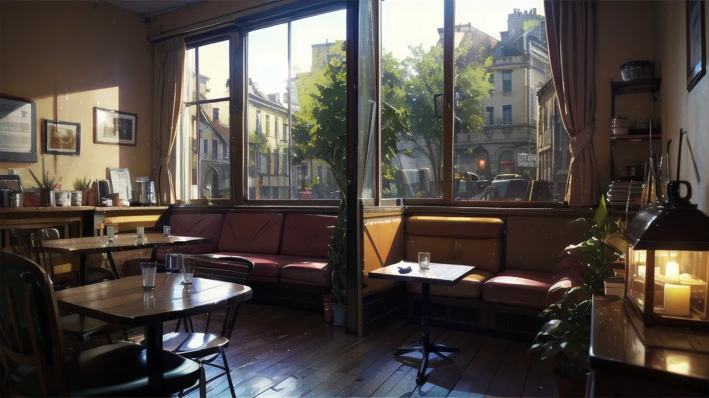 Café français rétro,soirée,,Une pièce vide,Siège côté fenêtre,Lo-Fi,Froideur