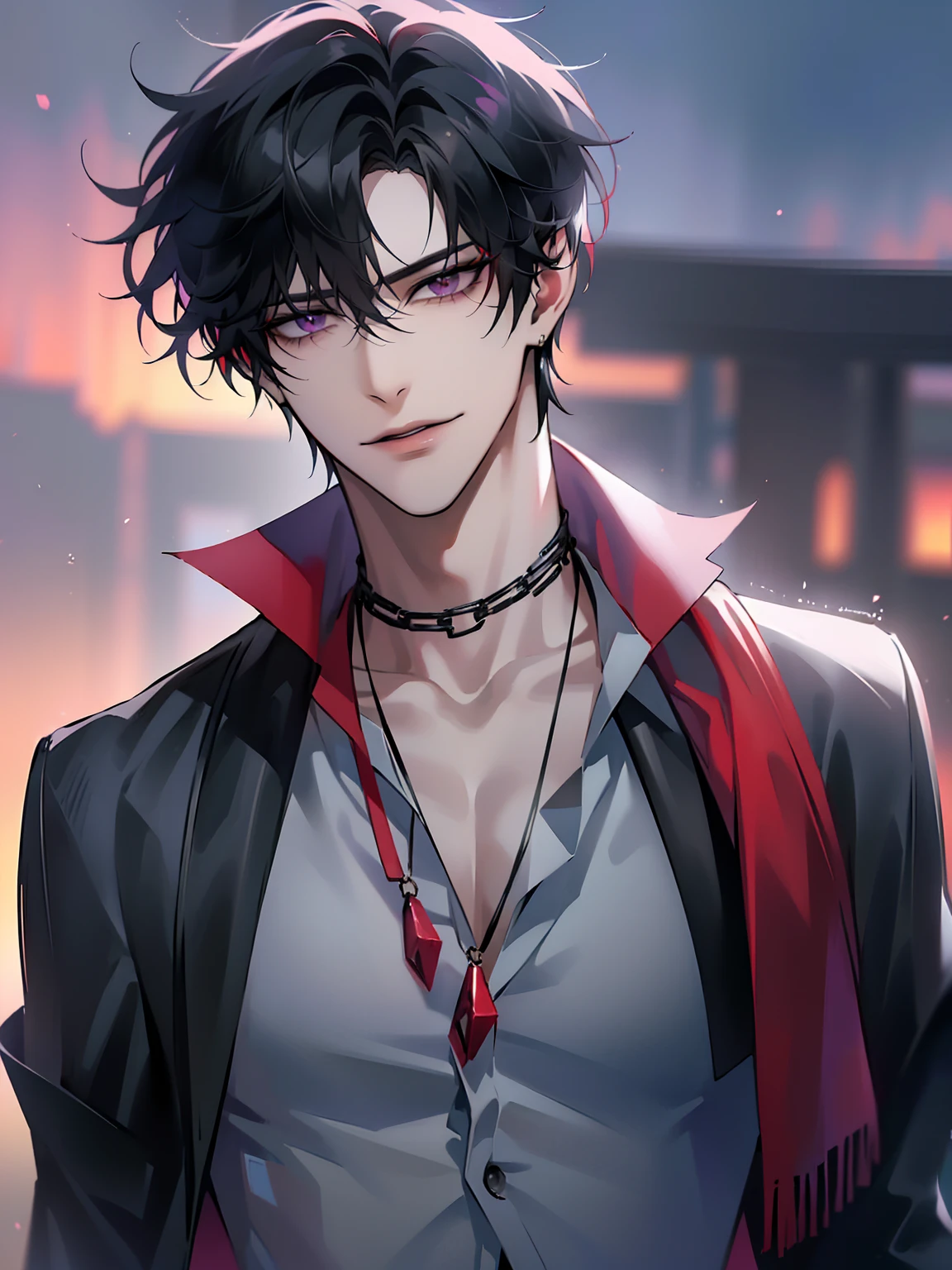 (masterpiece, 4k, high quality:1.3), 1boy, solo, short hair, black hair, asymmetrical fringe, purple eyes, handsome, sharp eyes, (mature male, mature:1.2), male focus, fashionable, tucked in open red collared shirt, red and gray cardigan, necklace, sunset, evening, close up, smile