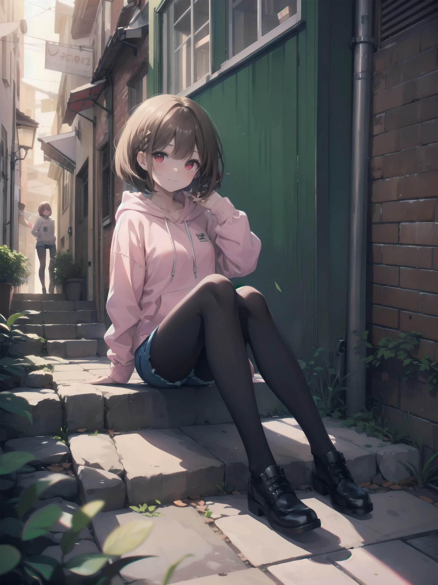 Anime girl sitting on steps in front of a building with a pink hoodie -  SeaArt AI