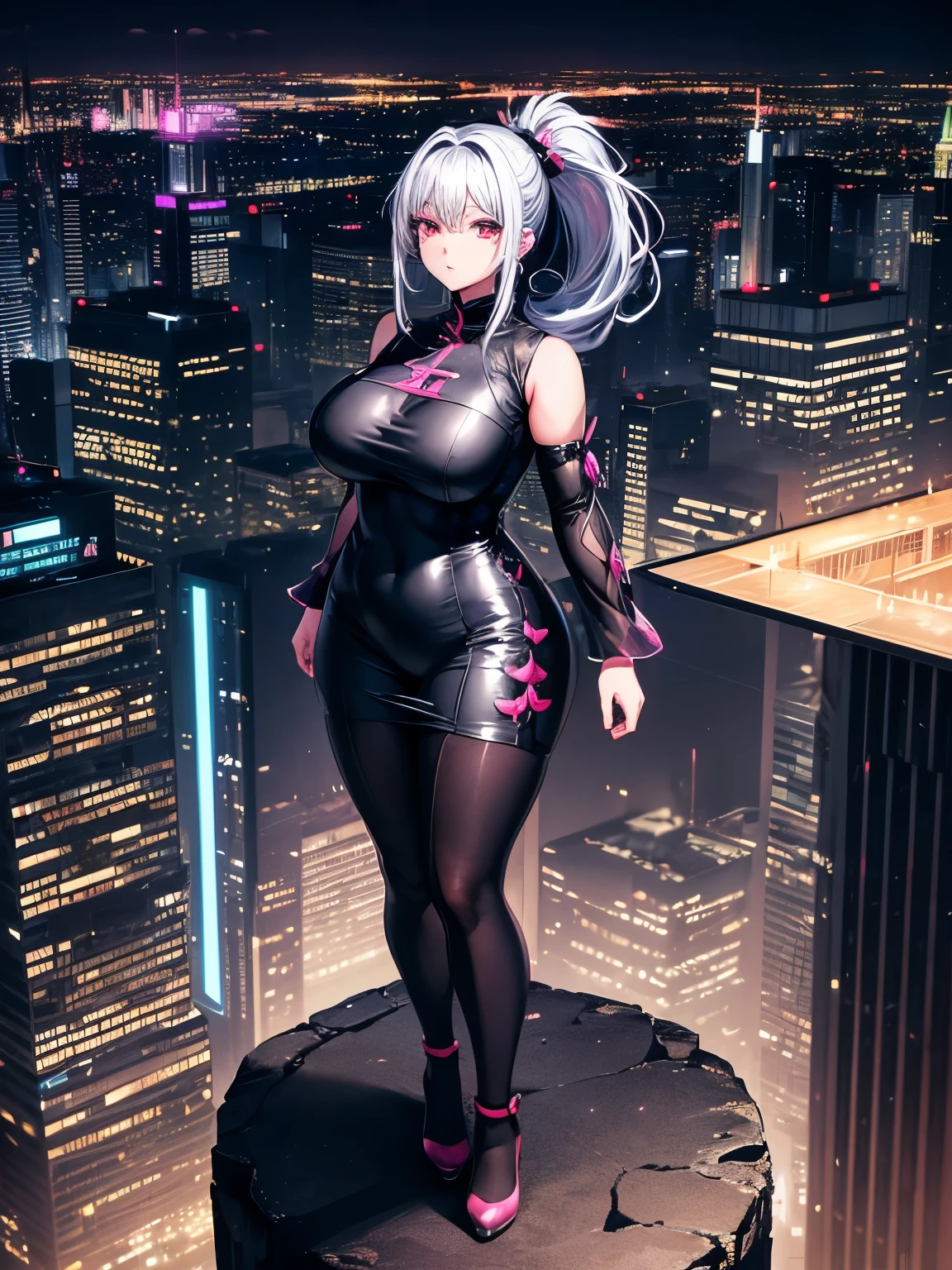 anime, (artwork, best quality, ultra-detailed, high contrast), 1 woman (Alone, full body, plus size body, standing on the edge of the skyscraper, silver hair, LONG In a ponytail, red eyes, perfect eyes ruby sparkles, (simple black qipao, black cybernetics with neon pink), transparent black socks), (skyscraper roof, overlooking a city, detailed background ((night time, Darkness, low light pollution)))