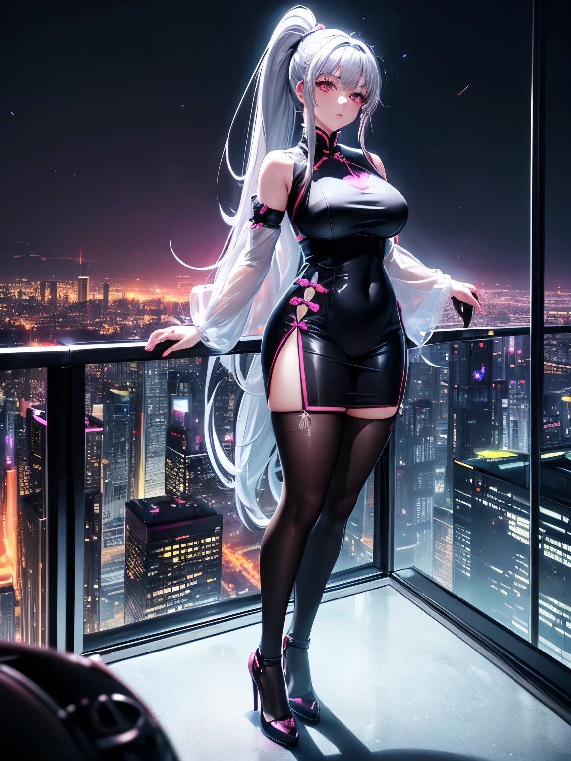 anime, (artwork, best quality, ultra-detailed, high contrast), 1 woman (Alone, full body, plus size body, standing on the edge of the skyscraper, silver hair, LONG In a ponytail, red eyes, perfect eyes ruby sparkles, (simple black qipao, black cybernetics with neon pink), transparent black socks), (skyscraper roof, overlooking a city, detailed background ((night time, Darkness, low light pollution)))