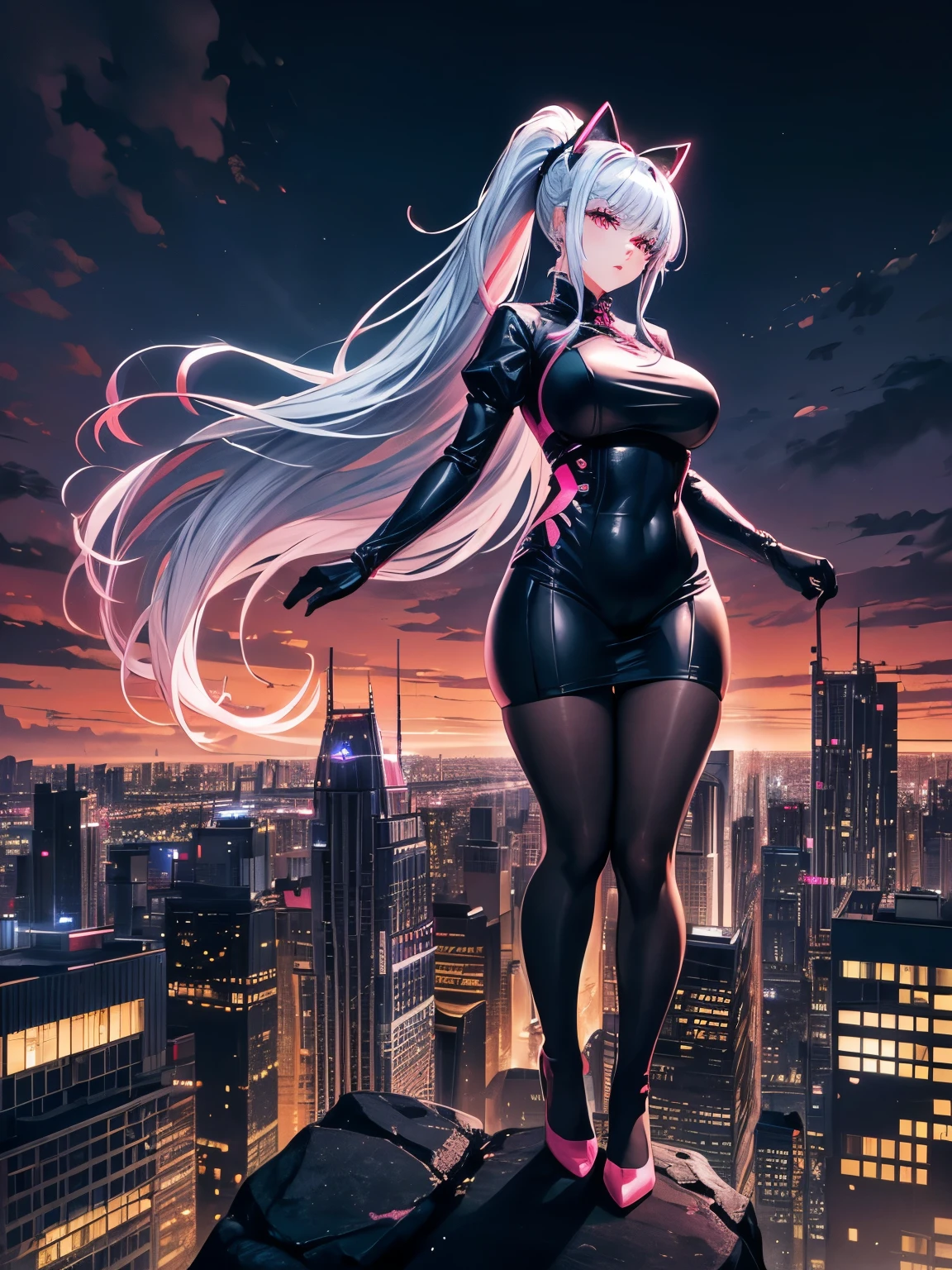 anime, (artwork, best quality, ultra-detailed, high contrast), 1 woman (Alone, full body, plus size body, standing on the edge of the skyscraper, silver hair, LONG In a ponytail, red eyes, perfect eyes ruby sparkles, (simple black qipao, black cybernetics with neon pink), transparent black socks), (skyscraper roof, overlooking a city, detailed background ((night time, Darkness, low light pollution)))