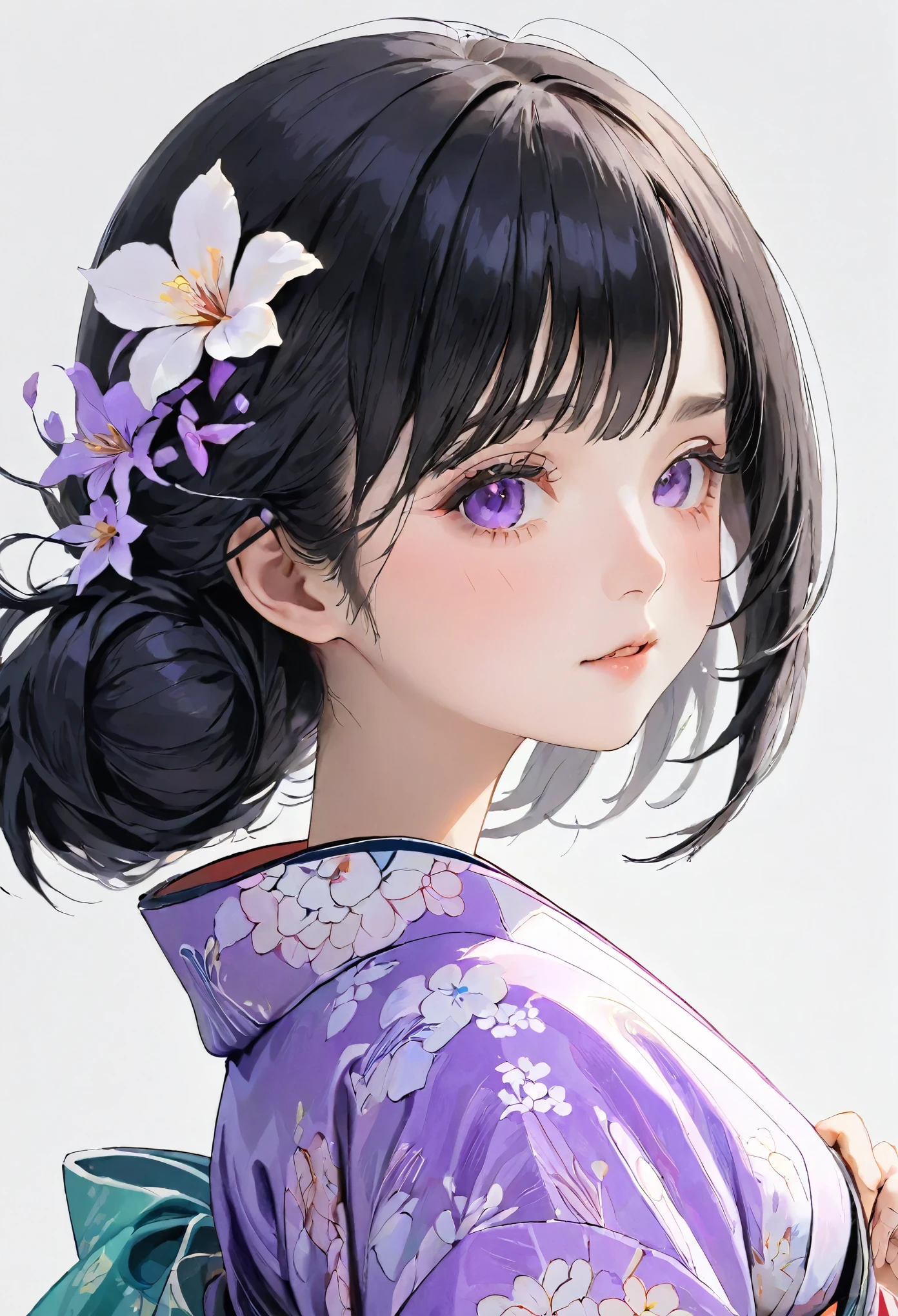 (((mundo blanco、Fondo blanco)))、nacido、palo de verdad、Realista、mujer muy linda、Belleza perfecta、aspecto natural、Sin maquillaje、Plump fat beautiful black hair、yamato nadeshiko、Hermoso kimono violeta claro、kimono nishijin-ori、Patrón de kimono muy delicado.、hermoso ángulo、pose elegante、Fondo blanco、fondo blanco、Centrarse en la cara、ángulo de la parte superior del cuerpo、de la máxima calidad、Alta resolución、obra maestra:1.Retrato、８ｋ、50ｍｍlente、Iluminación perfecta、fotógrafo profesional