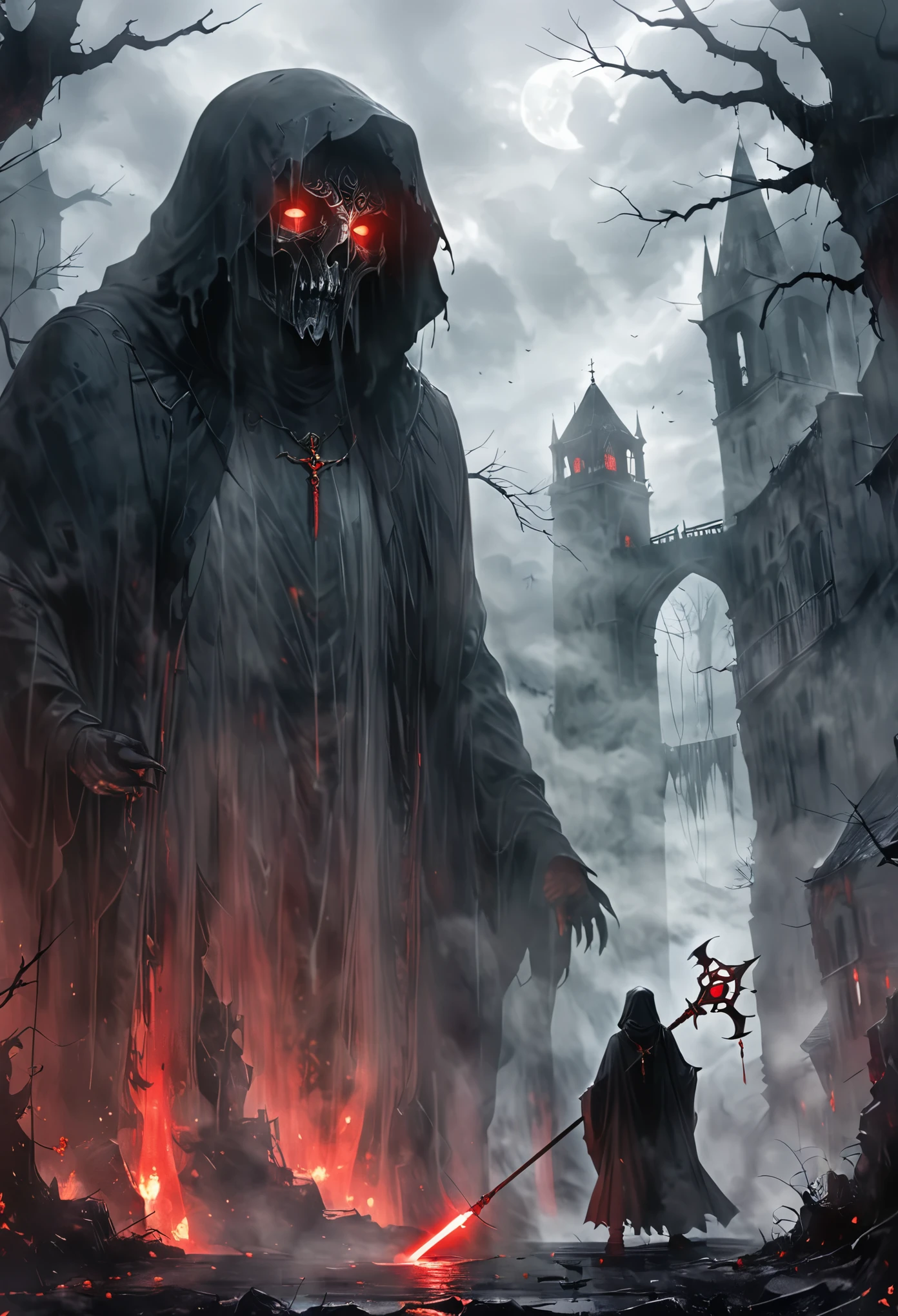 Imagine a unique character shrouded in a flowing, dark cloak. They brandish an intimidating weapon, a bladed staff with a haunting crimson glow. This weapon seems to consume the life essence of its victims, leaving a cold, lifeless husk in its wake. The setting is a bleak, gothic realm cloaked in darkness and defined by an unworldly architecture. Mist pervades the lands, adding a sense of eerie desolation to the landscape. In this world, our mysterious character is on a seemingly endless quest for vengeance.