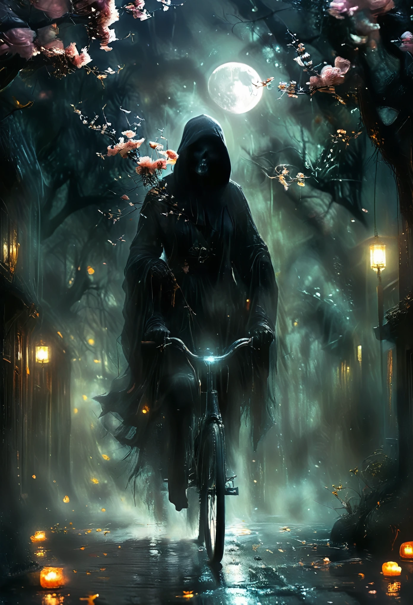 Create a surreal digital painting showcasing a captivating figure of death, interpreted as the grim reaper, riding a bicycle adorned with blossoms under the glow of a crescent moon bearing the likeness of a human face. The scene features elements of fluidity and transformation, reminiscent of the surreal reinterpretations of reality as seen in art from the late 19th century, before 1912 and not specifically linked to any artist post that year. Dramatic, high contrast lighting shines on the scene, casting deep shadows that intensify the sense of mystery. The scene, framed in a natural setting, blurs the boundaries between the real and the imagined. Techniques of digital painting and luminous airbrushing are used to bring out the eerie yet enchanting beauty of this personification of death on its unprecedented journey.