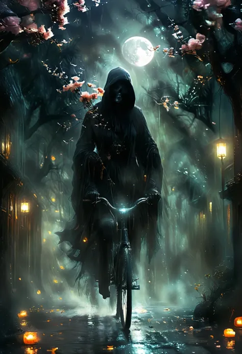 Create a surreal digital painting showcasing a captivating figure of death, interpreted as the grim reaper, riding a bicycle adorned with blossoms under the glow of a crescent moon bearing the likeness of a human face. The scene features elements of fluidi...
