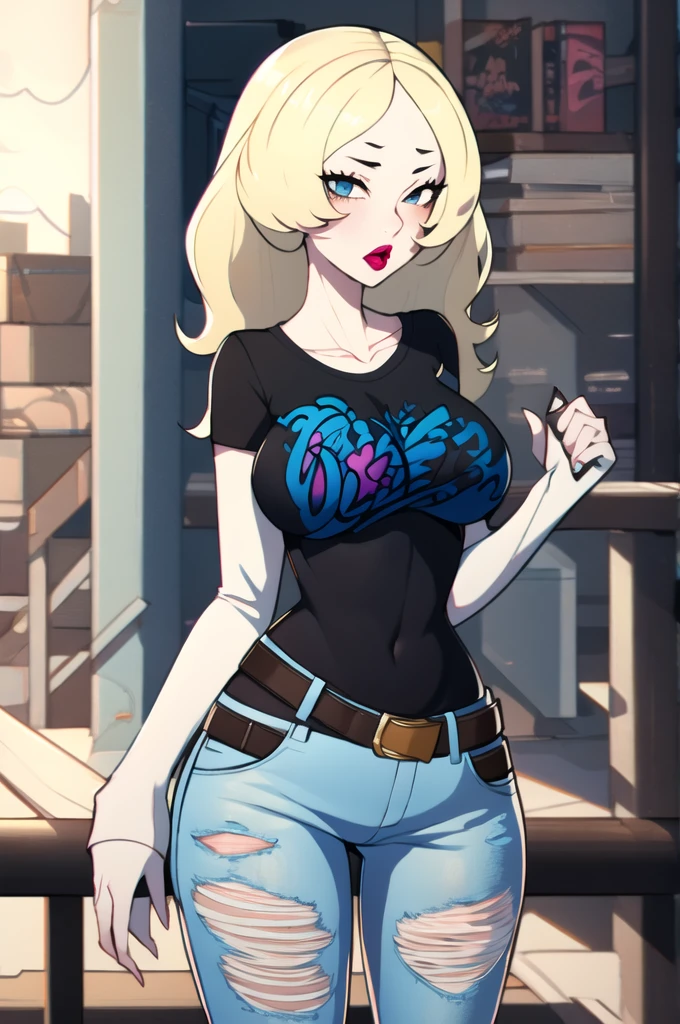 ((masterpiece,best quality)), absurdres, Dawn_Total_Drama, 1girl, solo, standing, black t-shirt, white shirt, blue jeans, belt, lipstick, large breasts, layered sleeves