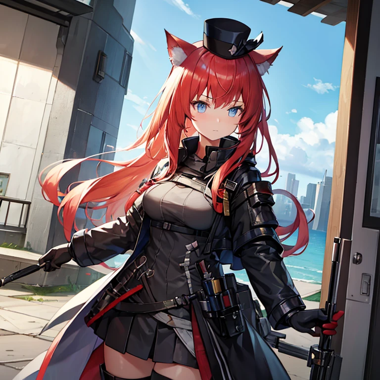 Need to create a single character image，The style is similar to the character portraits of the mobile game Arknights，Race is the film in the game，From the in-game country Victoria，Occupation is the intelligence unit of the country in the game Gray Hat。Age 18 years，Height 1.5 meters。She is a cat girl loli，The hair is pink，Petite and cute，But there is great power hidden under the dark uniform，Good appearance，There is a murderous atmosphere，But the walking posture is a bit silly。She wears combat gloves on both hands，There is a grey top hat on his head，However, cat ears can be seen by people without being blocked.。The weapon you hold can be either melee or ranged.。