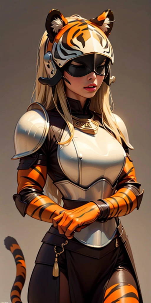 1 solo female blindfolded, animal tiger ears, animal tiger hands, animal tiger print, bell ((Armor reminiscent of a tiger))