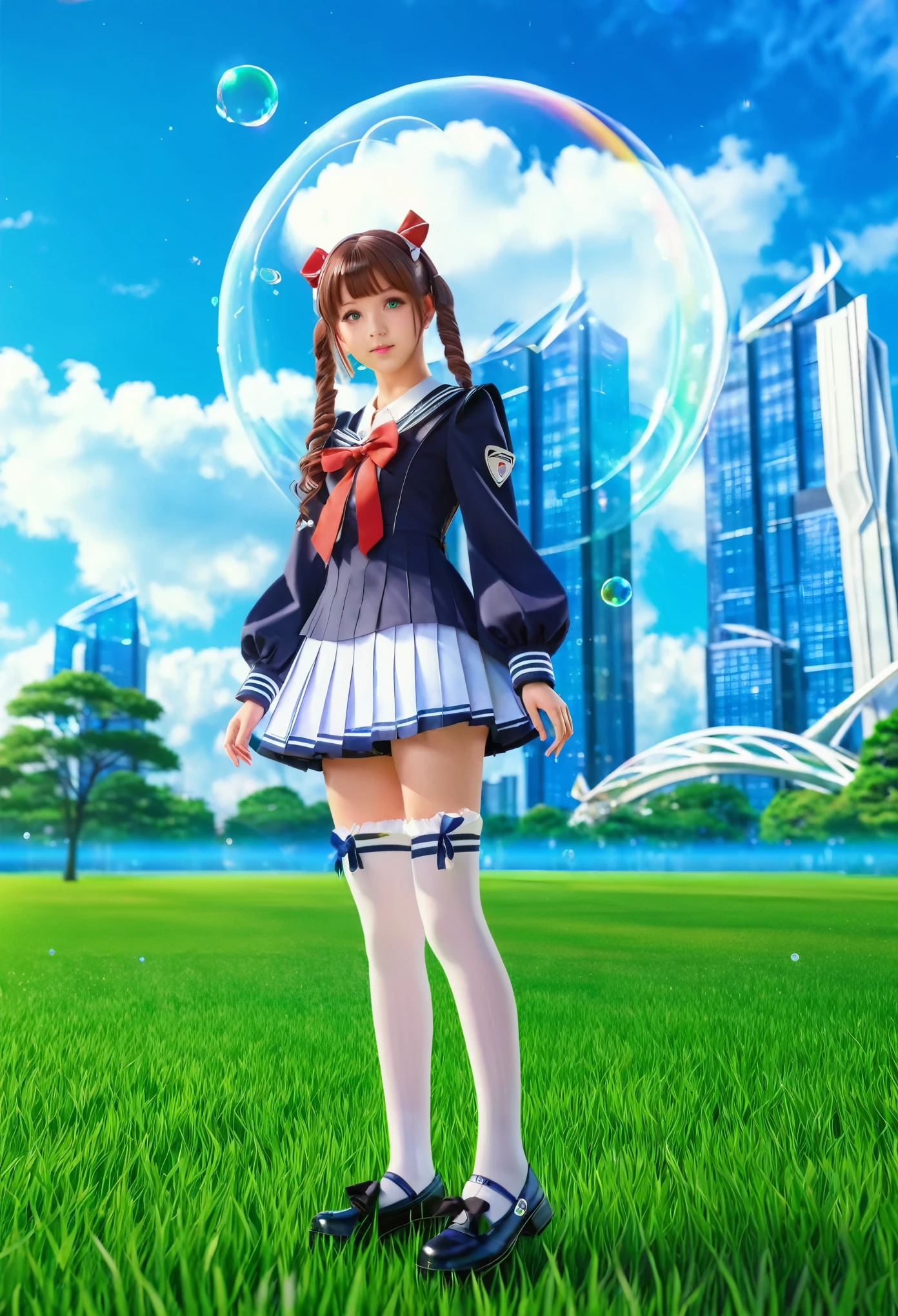 (best quality,4k,highres),ultra-detailed,realistic,portraits, Japaneese school girl, green eyes, long brown hair,anime style,futuristic, Frutiger Aero aesthetic, eco- modernism, bokeh, ribbon headband,small breast,futuristic sailor lolita dress,puffy sleeves,white and blue,colorful lighting, red ribbon, navy blue pantyhose, school shoes, school bag, school crest, floating bubbles, standing in a green field with futuristic skyscrapers in the background, blue sky with clouds, tertiary colors, highly detailed, 4K.