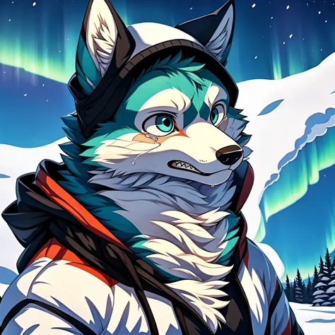 furry,blue fur,right blue eye,male people,wolf,look at the sky,hooded jacket,snow,aurora,tears, masterpiece,best quality