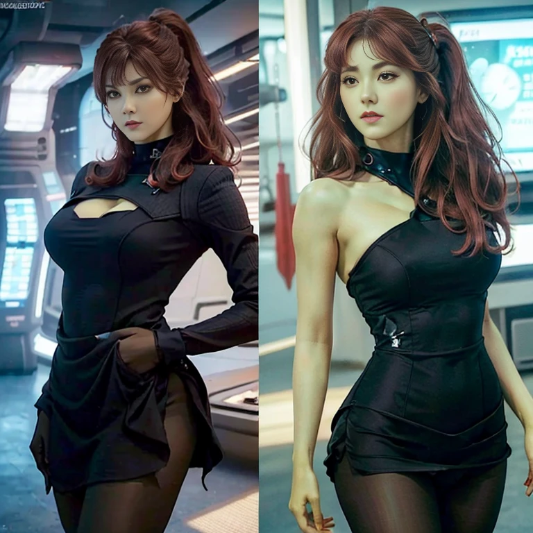 ((Top Quality、16K、​masterpiece:1.3))、a tall and beautiful woman、Perfect Figure:1.4、(retro futuristic aesthetic) Slim Abs.  Orion girl (from star trek) solo, red-haired (very red hair) 、60s hairstyle (with hair bangs), realistic green skin, small eyebrows, No postural movement、Stand up straight、Huge bust、Highly detailed facial and skin texture、(A detailed eye, Symmetry Eyes, Clear realistic eyes, Double eyelidd、Cold-stricken face、Symmetrical face), very  green skin (illuminated, realistic shading sound), goth makeup, Royal sisters full of fans、The Telegraph Esbian、peach buttocks、(black futuristic Dress, Very Tight Knit), cleavage,  squart、(Raw foto:1.2)、((Photorealcitic:1.4))Top Quality、​masterpiece、Real Photography、very delicate and beautiful.、super detailed CG、Unity、8K photo wallpaper、delicate detail、best qualtiy、Highly detailed CG unity 8k wallpaper、absurderes、Incredibly Absurd、huge file size、extremely highly detailed、Hight Resolution、ighly Details、Beautiful detail girl、extremely detailed eyes and face、beautiful delicate eyes、Facial light、cinematic lightings、(big hips, thick thighs, beautiful legs, black pantyhose) 1girll、see -through,Watch your audience, Plane Air, high ponytail、ulzzang-6500、The Telegraph Esbian, different poses at different angles,