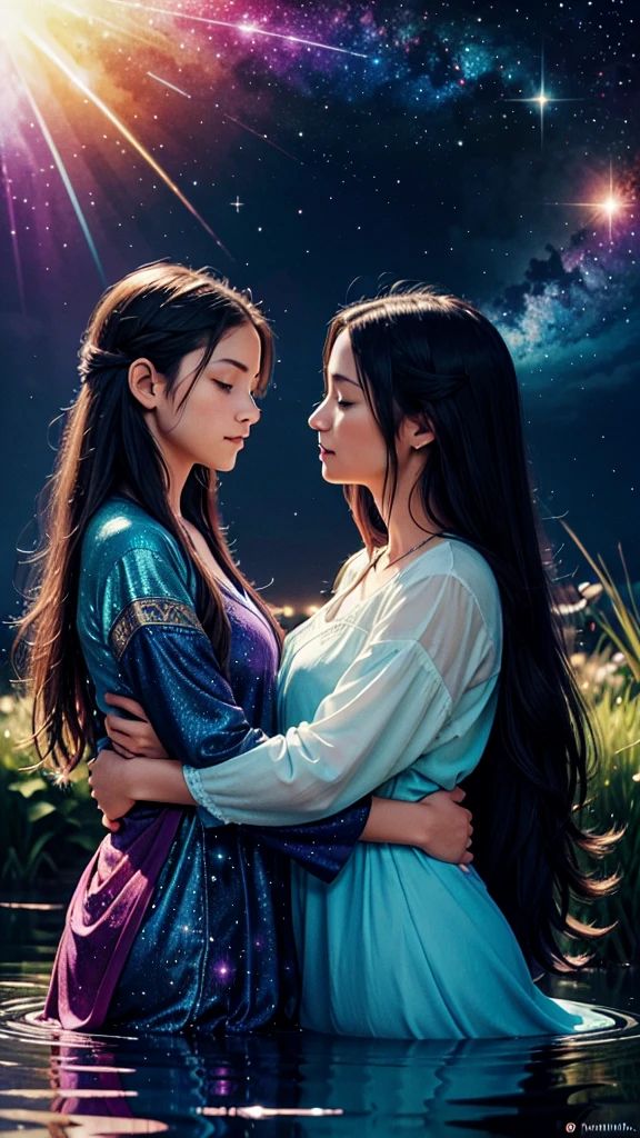 A mesmerizing watercolor illustration of a mother and her daughter, with the mother's long, flowing hair radiating a spectrum of vibrant colors, from blues to reds, yellows, and purples, creating an ethereal and dreamy atmosphere. The mother gently embraces her younger daughter, both of them with their eyes closed, suggesting a moment of comfort or reflection. The background features a blend of deep blacks and vivid colors, with sparkling particles and a cosmic aura, evoking a sense of magic, mystery, and otherworldliness. The mother and daughter stand near a water body, with the reflection of their surroundings visible in the still waters. This captivating scene is a beautiful expression of love, connection, and the mystical bond between a mother and her ., painting, dark fantasy, vibrant, illustration, graffiti, poster, fashion