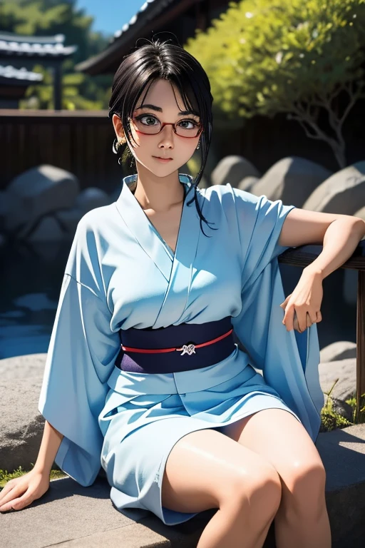 (masterpiece, highest quality), One Girl,  Satou, Satou, Glasses, yukata, Satou, Glasses, 赤いフレームのGlasses, Onsen town in Japan:1.5,Head to waist,yukata:1.6,hot spring,Dogo Onsen,Kusatsu Hot Springs,