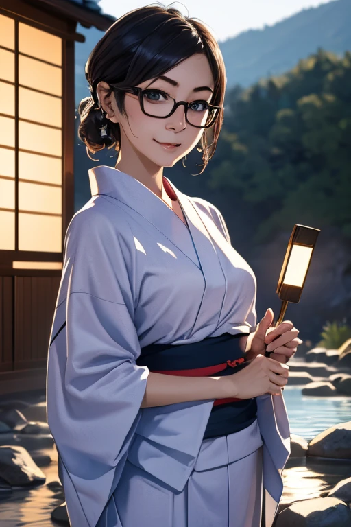 (masterpiece, highest quality), One Girl,  Satou, Satou, Glasses, yukata, Satou, Glasses, 赤いフレームのGlasses, Onsen town in Japan:1.5,Head to waist,yukata:1.6,hot spring,Dogo Onsen,Kusatsu Hot Springs,