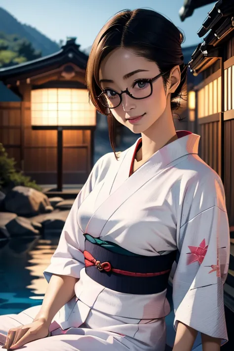 (masterpiece, highest quality), One Girl,  Satou, Satou, Glasses, yukata, Satou, Glasses, 赤いフレームのGlasses, Onsen town in Japan:1....