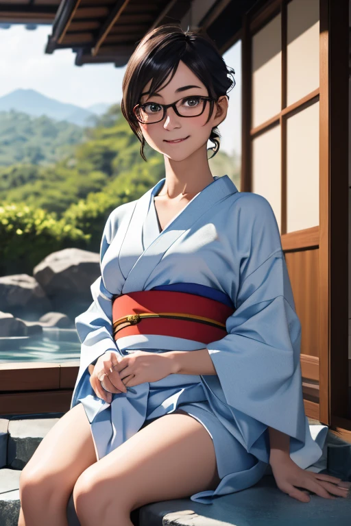 (masterpiece, highest quality), One Girl,  Satou, Satou, Glasses, yukata, Satou, Glasses, 赤いフレームのGlasses, Onsen town in Japan:1.5,Head to waist,yukata:1.6,hot spring,Dogo Onsen,Kusatsu Hot Springs,