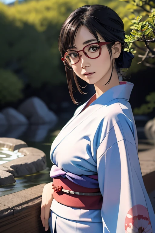 (masterpiece, highest quality), One Girl,  Satou, Satou, Glasses, yukata, Satou, Glasses, 赤いフレームのGlasses, Onsen town in Japan:1.5,Head to waist,yukata:1.6,hot spring,Dogo Onsen,Kusatsu Hot Springs,