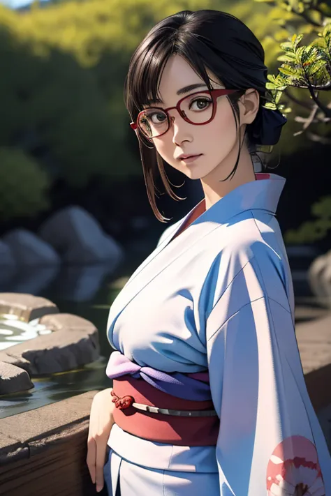 (masterpiece, highest quality), One Girl,  Satou, Satou, Glasses, yukata, Satou, Glasses, 赤いフレームのGlasses, Onsen town in Japan:1....