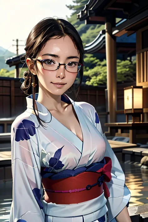 (masterpiece, highest quality), one girl,  satou, satou, glasses, yukata, satou, glasses, 赤いフレームのglasses, onsen town in japan:1....