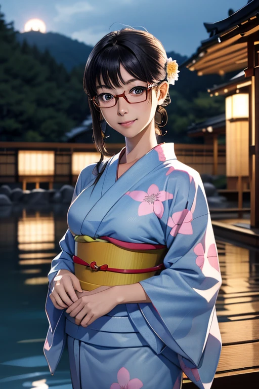 (masterpiece, highest quality), One Girl,  Satou, Satou, Glasses, yukata, Satou, Glasses, 赤いフレームのGlasses, Onsen town in Japan:1.5,Head to waist,yukata:1.6,hot spring,Dogo Onsen,Kusatsu Hot Springs,