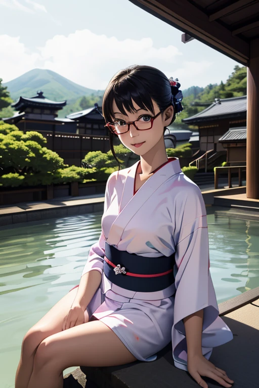 (masterpiece, highest quality), One Girl,  Satou, Satou, Glasses, yukata, Satou, Glasses, 赤いフレームのGlasses, Onsen town in Japan:1.5,Head to waist,yukata:1.6,hot spring,Dogo Onsen,Kusatsu Hot Springs,