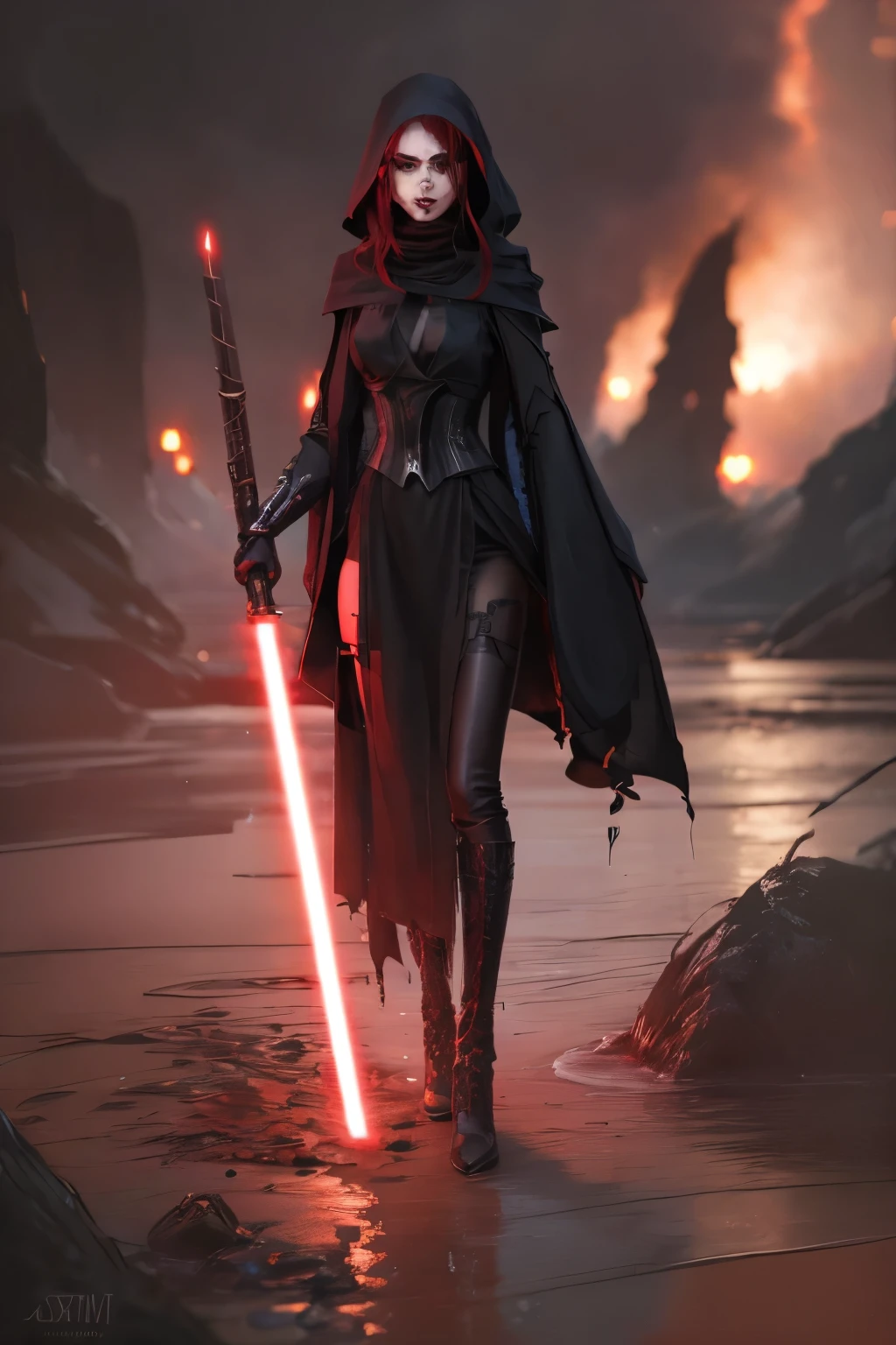 , 8k, ultra detailed, soft lighting, pmmkr2024, cartoon, best quality, trending on artstation,nice art,perfect art,nice detailed art,nice detailed body,nice detailed face,best quality, 8k, best quality, ultra-detailed,fantasy art , 8K, HD, 13 years old girl,darth,sith,evil,gloomy,red eyes,1lightsaber red,creepycute,pale skin,slender