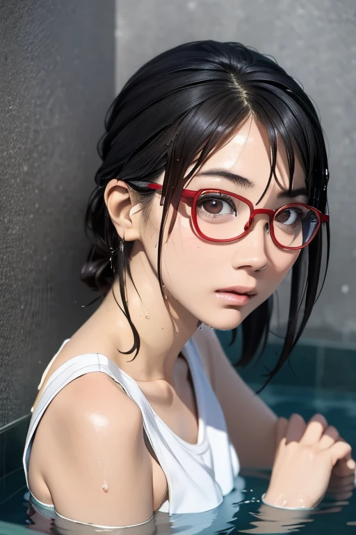 (chef-d&#39;œuvre, la plus haute qualité), Une fille,  Satou, Satou, Lunettes, 赤いフレームのLunettes, Une serviette de bain est enroulée autour du corps:1.8, Satou, Lunettes, 赤いフレームのLunettes, source chaude,tête aux pieds,source chaudeに入っている,cheveux humide,