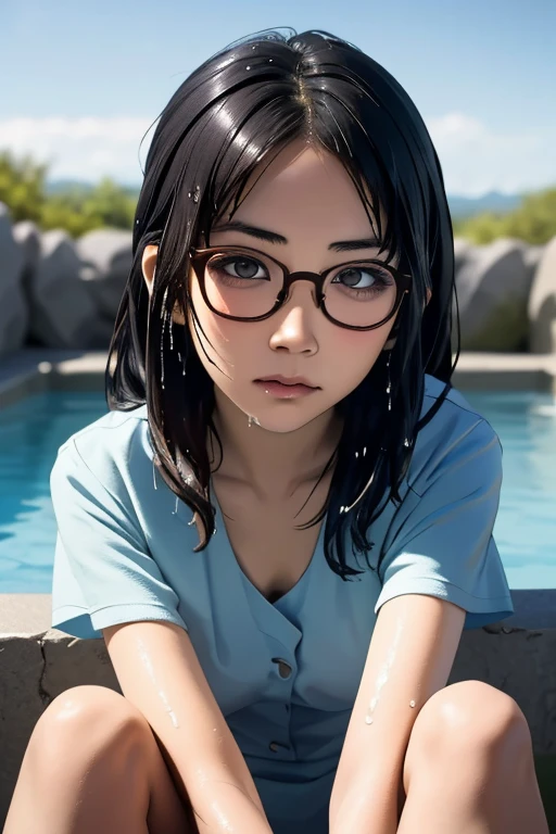 (masterpiece, highest quality), One Girl,  Satou, Satou, Glasses, 赤いフレームのGlasses, A bath towel is wrapped around the body:1.8, Satou, Glasses, 赤いフレームのGlasses, hot spring,head to feet,hot springに入っている,Wet Hair,