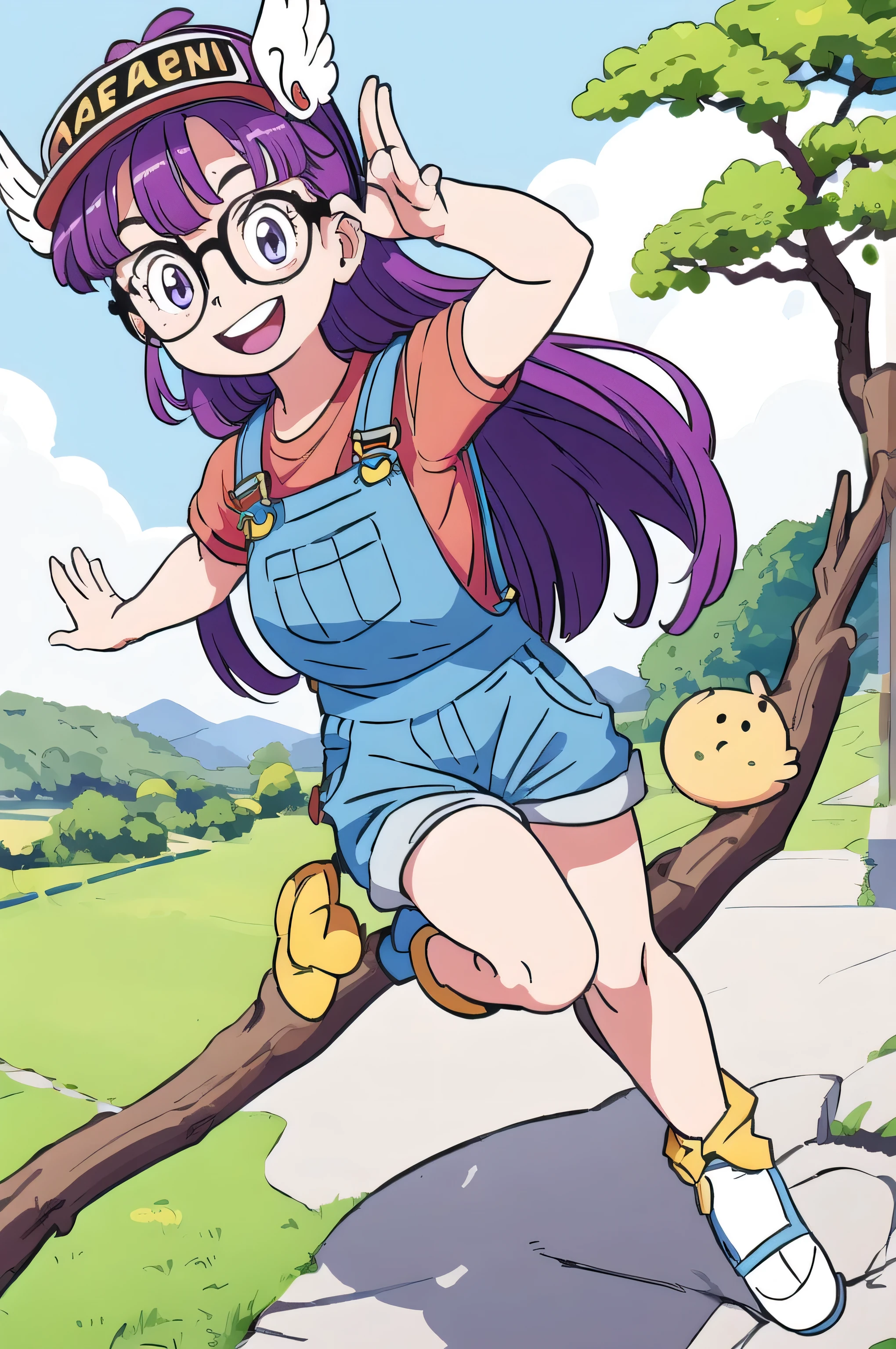 (masterpiece, highest quality;1.3), Super detailed, One girl, alone, Arale, Glasses, blue eyes, Long Hair,Purple Hair, Short sleeve, Wing Hat, Wing Cap, Red Shirt, Blue Overalls, Low Body、Chunky、(Have a tree branch、Poop sting)、 smile,Cheerful pose, refer to４Bookの中に親refer to１Book, (Gravel road、Village Background)、