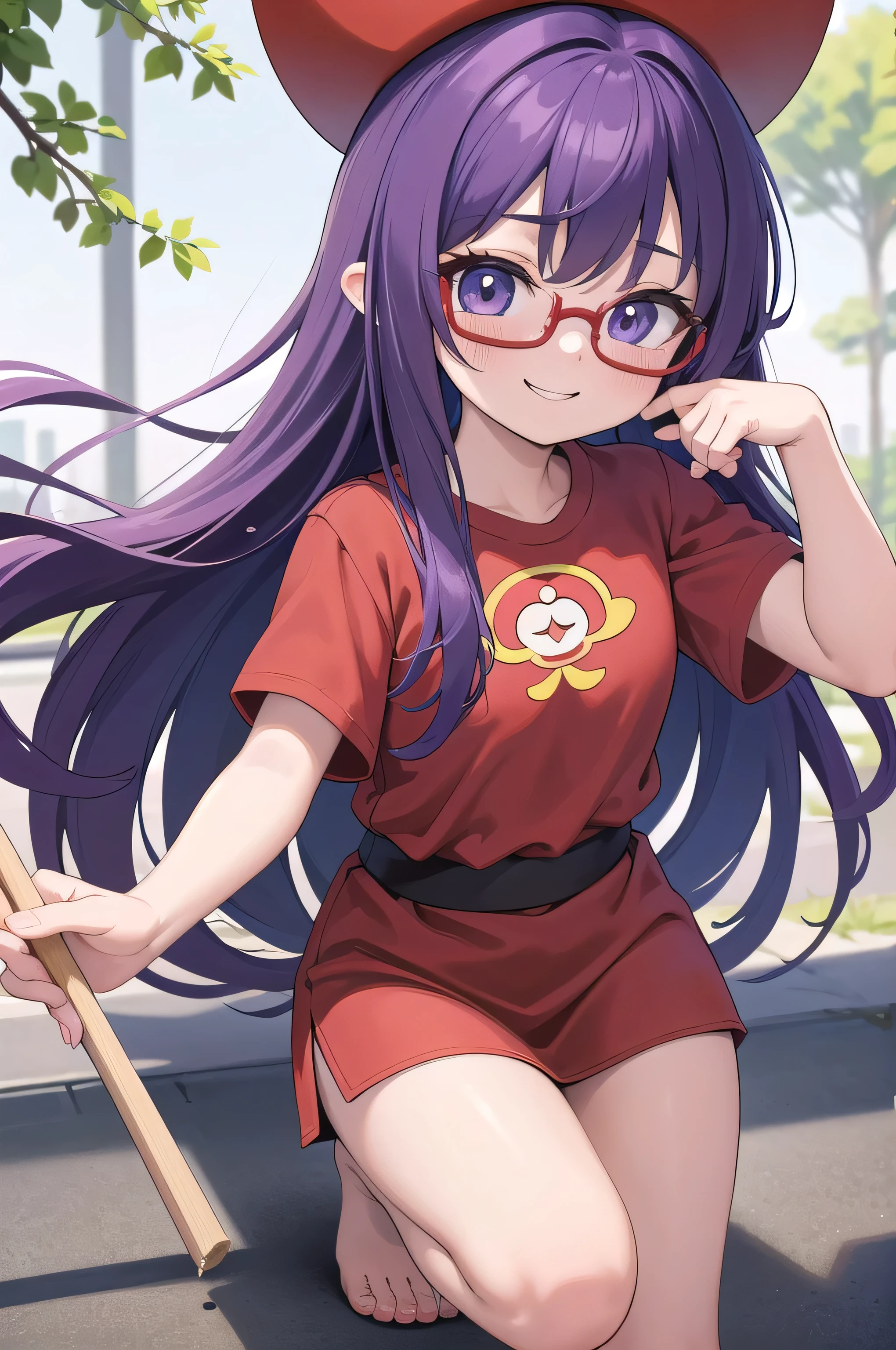 (masterpiece, highest quality;1.3), Super detailed, One girl, alone, Arale, Glasses, blue eyes, Long Hair,Purple Hair, Short sleeve, Wing Hat, Wing Cap, Red Shirt, Blue Overalls, Low Body、Chunky、(Have a tree branch、Poop sting)、 smile,Cheerful pose, refer to４Bookの中に親refer to１Book, (Gravel road、Village Background)、