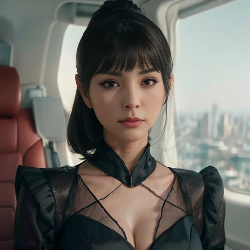 ((Top Quality、16K、​masterpiece:1.3))、a tall and beautiful woman、Perfect Figure:1.4、(retro futuristic aesthetic) Slim Abs、vulcan girl (from star trek) solo, Brown short hair、60s hairstyle (with hair bangs)、long pointed ears, small eyebrows, No postural movement、Stand up straight、Huge bust、Highly detailed facial and skin texture、(A detailed eye, Symmetry Eyes, Clear realistic eyes, Double eyelidd、Cold-stricken face、Symmetrical face), very tanned brown skin (illuminated, realistic shading sound), goth makeup, Royal sisters full of fans、The Telegraph Esbian、peach buttocks、(black futuristic Dress, Very Tight Knit), cleavage,  squart、(Raw foto:1.2)、((Photorealcitic:1.4))Top Quality、​masterpiece、Real Photography、very delicate and beautiful.、super detailed CG、Unity、8K photo wallpaper、delicate detail、best qualtiy、Highly detailed CG unity 8k wallpaper、absurderes、Incredibly Absurd、huge file size、extremely highly detailed、Hight Resolution、ighly Details、Beautiful detail girl、extremely detailed eyes and face、beautiful delicate eyes、Facial light、cinematic lightings、(big hips, thick thighs, beautiful legs, black pantyhose) 1girll、see -through,Watch your audience, Plane Air, high ponytail、ulzzang-6500、The Telegraph Esbian, different poses at different angles,