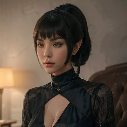 ((Top Quality、16K、​masterpiece:1.3))、a tall and beautiful woman、Perfect Figure:1.4、(retro futuristic aesthetic) Slim Abs、vulcan girl (from star trek) solo, Brown short hair、60s hairstyle (with hair bangs)、long pointed ears, small eyebrows, No postural movement、Stand up straight、Huge bust、Highly detailed facial and skin texture、(A detailed eye, Symmetry Eyes, Clear realistic eyes, Double eyelidd、Cold-stricken face、Symmetrical face), very tanned brown skin (illuminated, realistic shading sound), goth makeup, Royal sisters full of fans、The Telegraph Esbian、peach buttocks、(black futuristic Dress, Very Tight Knit), cleavage,  squart、(Raw foto:1.2)、((Photorealcitic:1.4))Top Quality、​masterpiece、Real Photography、very delicate and beautiful.、super detailed CG、Unity、8K photo wallpaper、delicate detail、best qualtiy、Highly detailed CG unity 8k wallpaper、absurderes、Incredibly Absurd、huge file size、extremely highly detailed、Hight Resolution、ighly Details、Beautiful detail girl、extremely detailed eyes and face、beautiful delicate eyes、Facial light、cinematic lightings、(big hips, thick thighs, beautiful legs, black pantyhose) 1girll、see -through,Watch your audience, Plane Air, high ponytail、ulzzang-6500、The Telegraph Esbian, different poses at different angles,