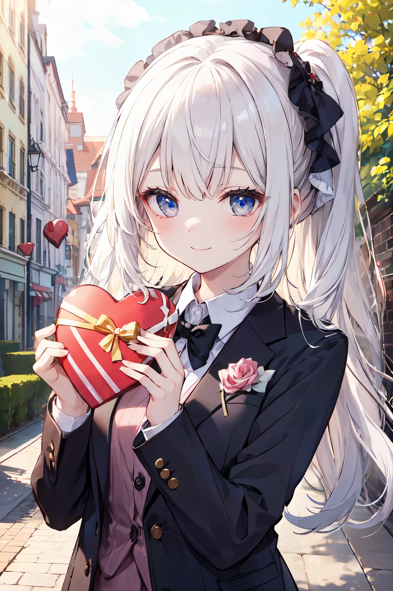 Anime girl with long white hair holding a heart shaped box - SeaArt AI