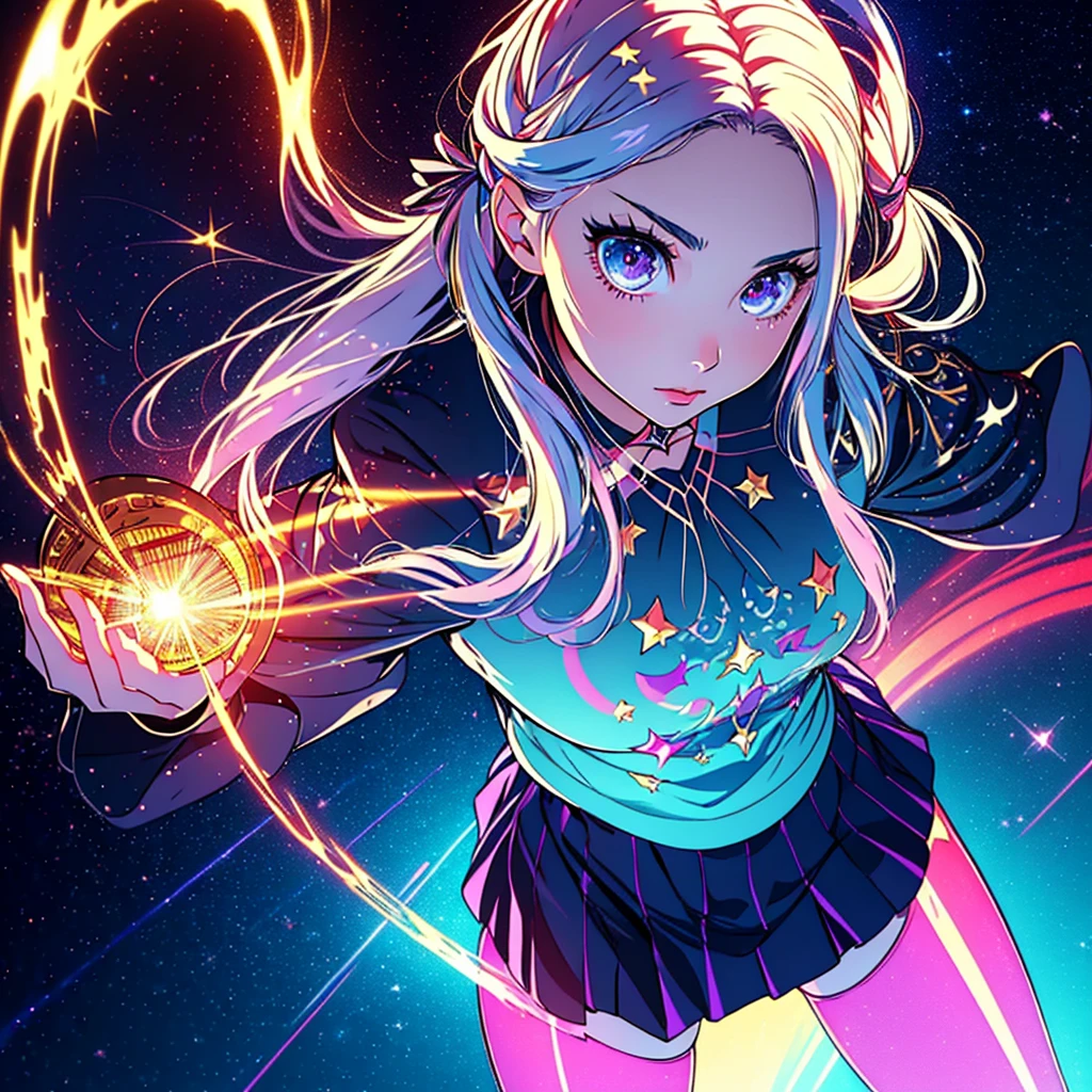 (masterpiece, exquisite, With rich detail and the highest image quality),colorful background,1 girl,close,very big eyes,Color Gradient Hair,(skirt laser:1.2),pantyhose,laser,laser shining star,beautiful fine water,bust,,twin tails,hair ribbon,star hair ornament,long eyelashes,  