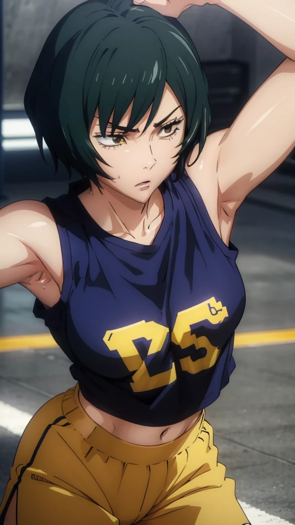 a close up of a person wearing a basketball uniform, a picture, inspired by Kentaro Miura, trending on pixiv, mai zenin, jujutsu kaisen, wearing yellow nba jersey, yellow croptop nba jersey, wearing a low cut croptop, wearing croptop, croptop, the words "Lakers" written on the croptop, golden raito, (winking), shirobako, large)}], favorite scene, fine details. anime. skins, sweating, big breasts, both hands raised, armpits, armpits visible, dripping with sweat, more more sweat, sweaty armpits