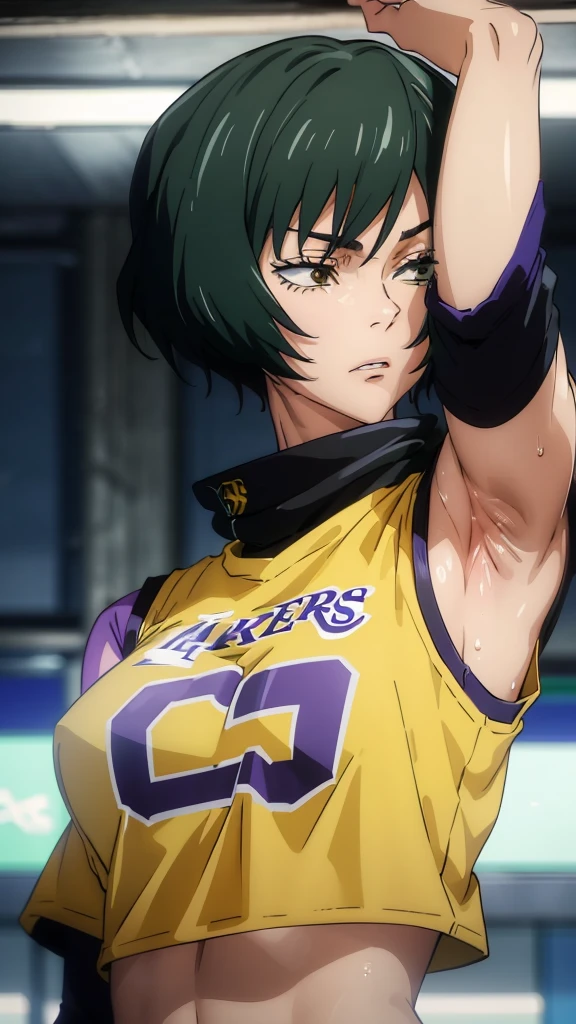 un gros plan d&#39;une personne portant un uniforme de basket-ball, Une image, inspiré de Kentaro Miura, tendance sur pixiv, Mai Zenin, jujutsu kaisen, porter un maillot NBA jaune, yellow haut court nba jersey, wearing a low cut haut court, wearing haut court, haut court, Les mots "Lakers" written on the haut court, raito doré, (un clin d&#39;œil), shirobako, grand)}], Scène préférée, Détails fins. animé. peaux, transpiration, Gros seins, les deux mains levées, Aisselles, Aisselles visible, dégoulinant de sueur, plus plus de sueur, sweaty Aisselles