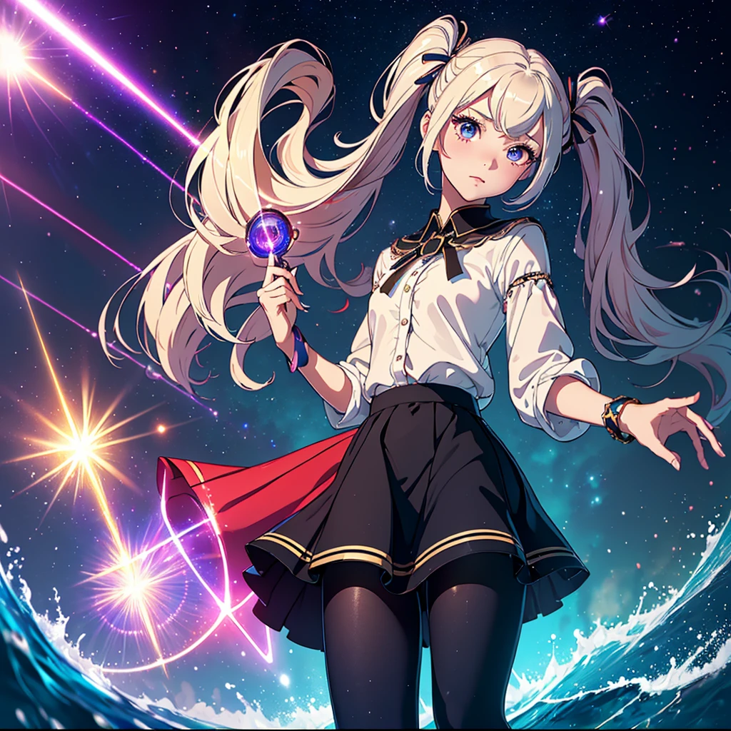 (masterpiece, exquisite, With rich detail and the highest image quality),colorful background,1 girl,close,very big eyes,Color Gradient Hair,(skirt laser:1.2),pantyhose,laser,laser shining star,beautiful fine water,bust,,twin tails,hair ribbon,star hair ornament,long eyelashes,  