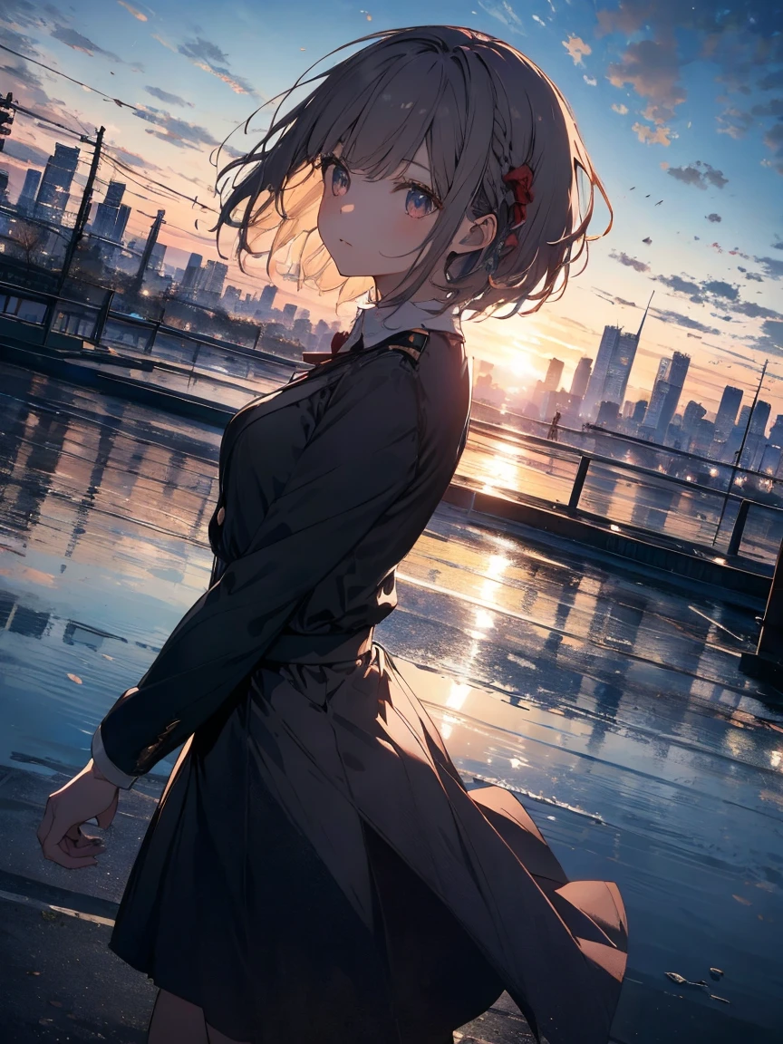 Tabletop, highest quality, figure, wallpaper, Super detailed, Absurd, One Girl, alone, (Medium Short Hair、Short braided hair), Beautiful fine details, (street:1.3), Bright Sky、Hair blowing in the wind, (Panoramic View:1.3), (Depth:1.5), (Long Shot:1.3)