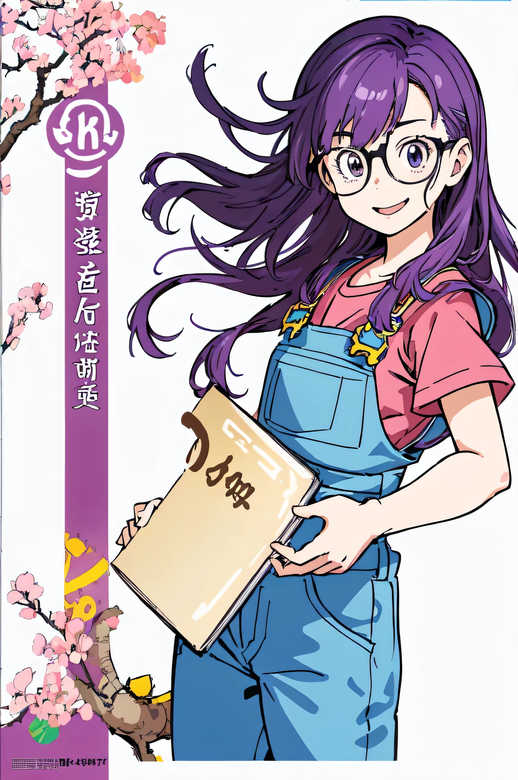 (masterpiece, highest quality, Anime image quality, High resolution, Anime Style, Clean brush strokes, Very detailed, Perfect Anatomy),One girl, alone, Arale, Glasses, Blue Order, Long Hair,Purple Hair, Short sleeve, Wing Cap, Red Shirt, (Overalls Jeans、blue), Low Body、Chunky、(Have a tree branch、Poop sting)、 smile,Cheerful pose, refer to４Bookの中に親refer to１Book, (Gravel road、Village Background)、