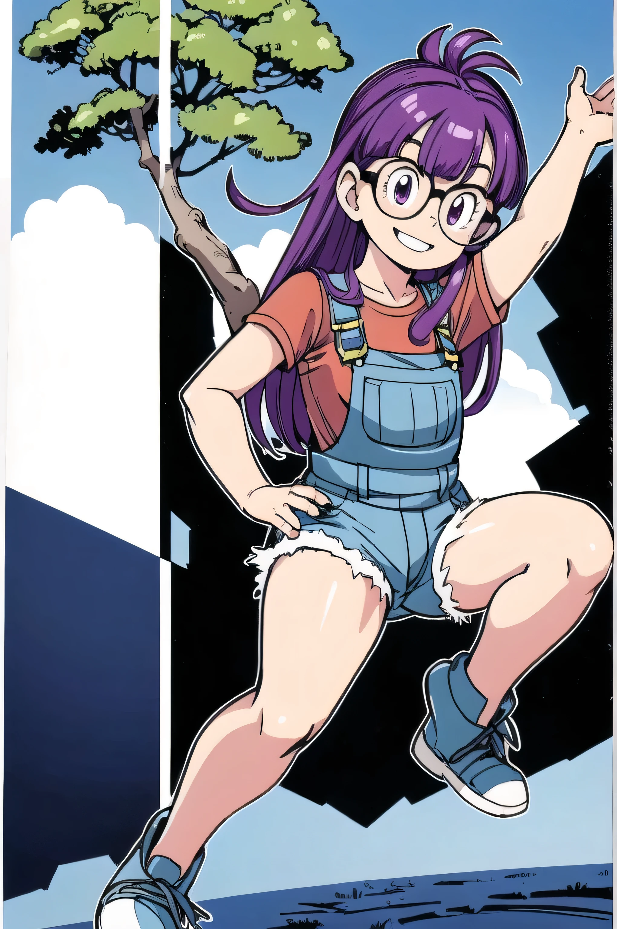 (masterpiece, highest quality, Anime image quality, High resolution, Anime Style, Clean brush strokes, Very detailed, Perfect Anatomy),One girl, alone, Arale, Glasses, Blue Order, Long Hair,Purple Hair, Short sleeve, Wing Cap, Red Shirt, (Overalls Jeans、blue), Low Body、Chunky、(Have a tree branch、Poop sting)、 smile,Cheerful pose, refer to４Bookの中に親refer to１Book, (Gravel road、Village Background)、