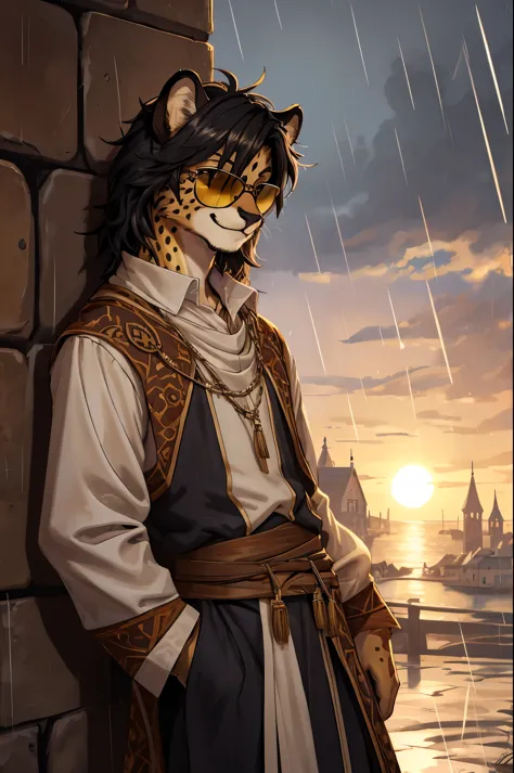 Cheetah, antro, male, solo, non-human, medieval clothes, Rain, younger, 20 years old, taller, messy hair, cheetah face, slim bod...